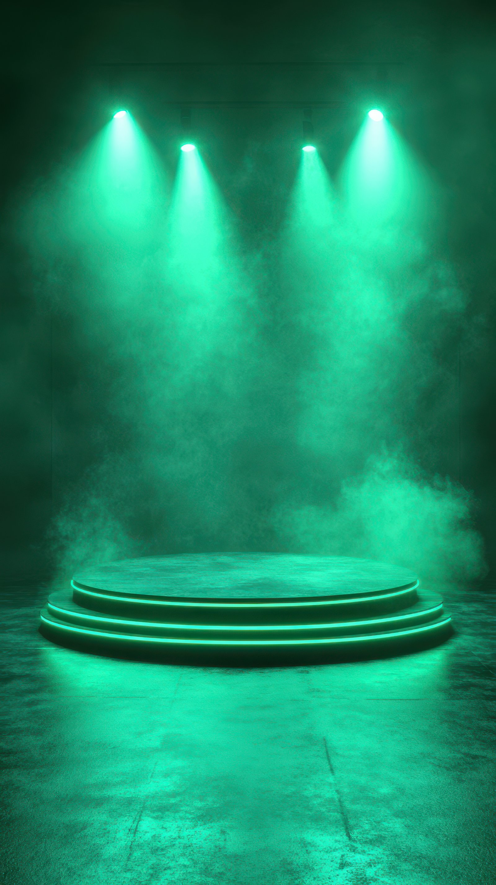 Green-lit stage with circular platform and mist, perfect setting for performances at night